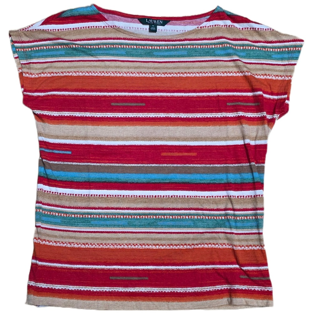 Lauren Ralph Lauren Striped T Shirt Women's Size M Red Tan Blue Short Sleeve